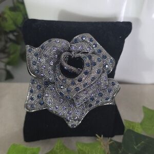 Vintage Oxidized Silver Rose Flower Brooch Pin Purple Blue Rhinestone